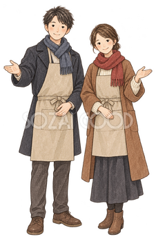 笑顔で迎える店員男女二人の水彩イラスト｜年末年始の営業案内の無料素材 104730