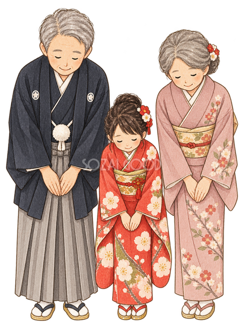 新年の挨拶でお辞儀する家族三人イラスト 新年の挨拶でお辞儀する家族三人イラスト
