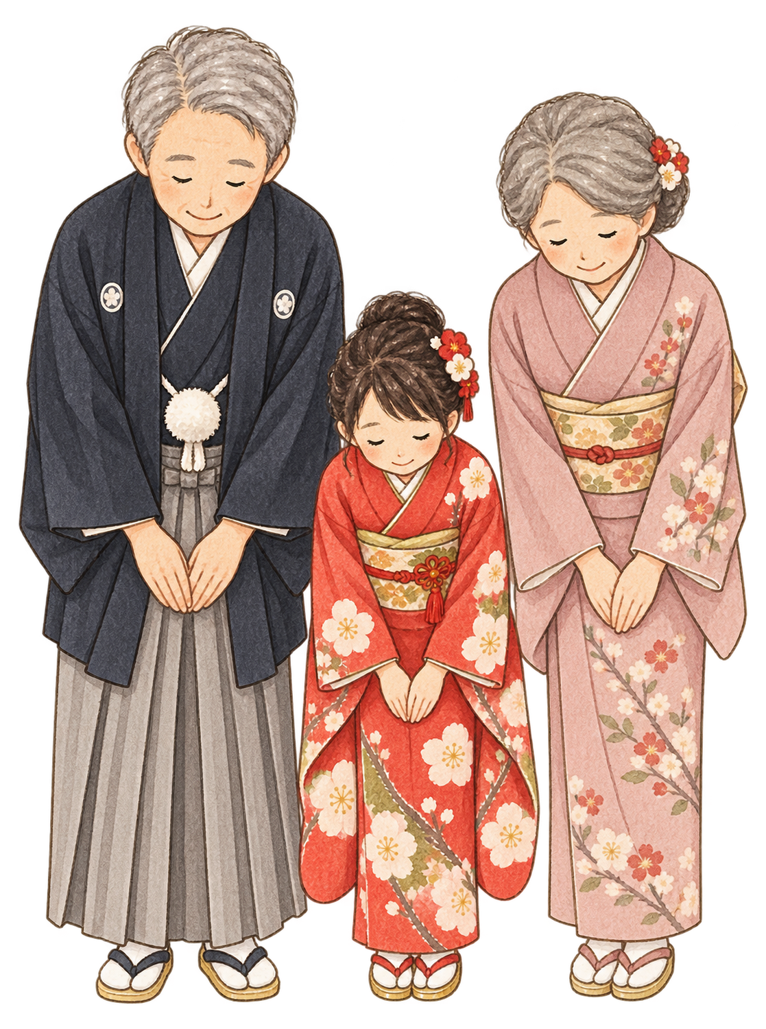 新年の挨拶でお辞儀する家族三人の水彩イラスト｜家族のお正月の無料素材 104732に写真・文字を入れる