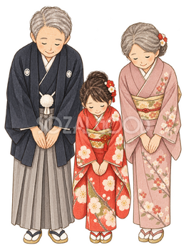 新年の挨拶でお辞儀する家族三人の水彩イラスト｜家族のお正月の無料素材 104732