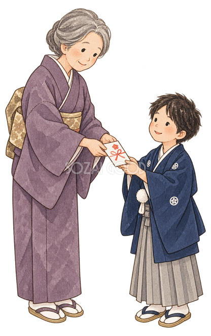 お年玉を渡す祖母と子どもの二人イラスト お年玉を渡す祖母と子どもの二人イラスト