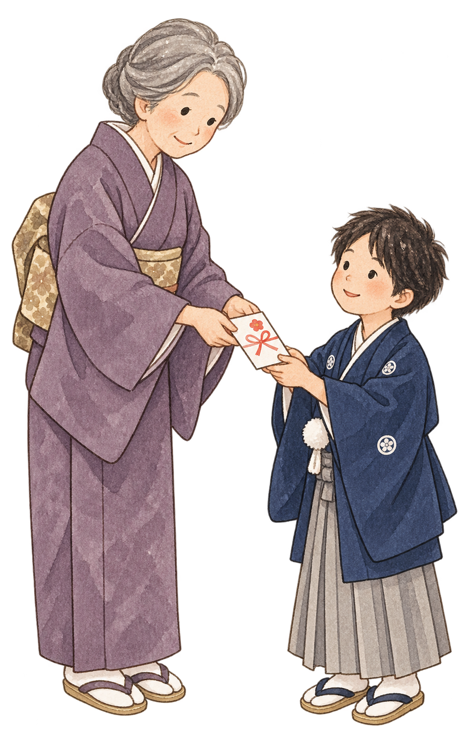 お年玉を渡す祖母と子どもの二人の水彩イラスト｜家族のお正月の無料素材 104733に写真・文字を入れる