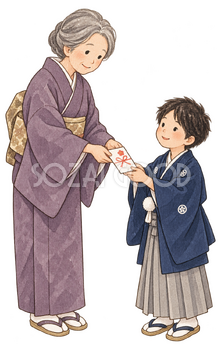 お年玉を渡す祖母と子どもの二人の水彩イラスト｜家族のお正月の無料素材 104733