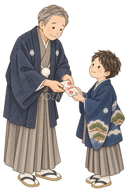 お年玉を渡す祖父と子どもの二人イラスト お年玉を渡す祖父と子どもの二人イラスト