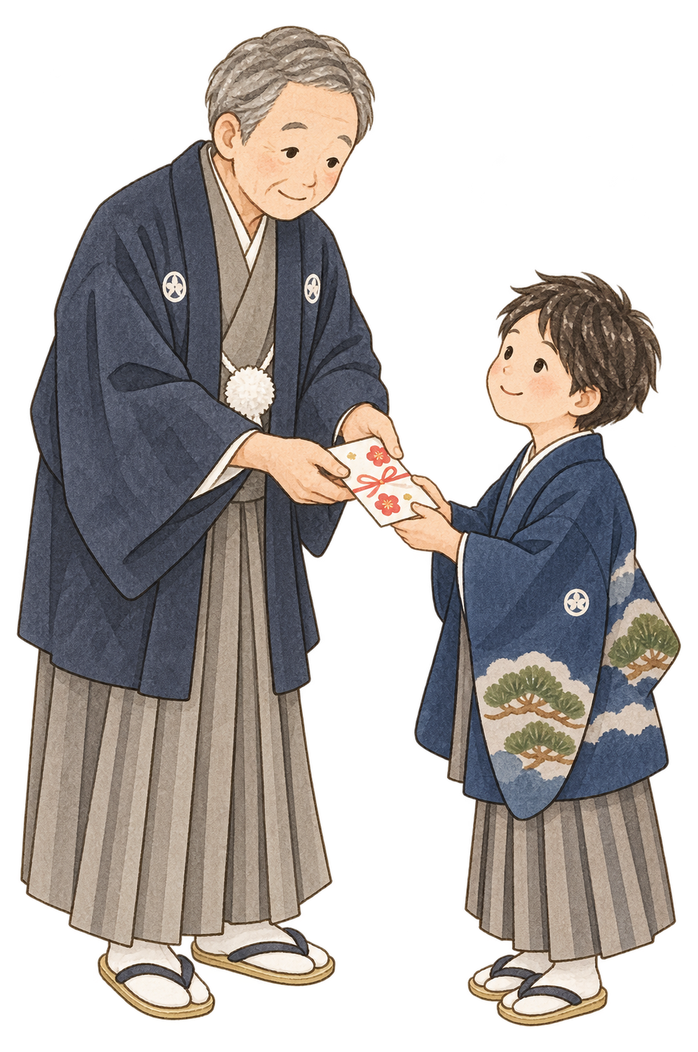 お年玉を渡す祖父と子どもの二人の水彩イラスト｜家族のお正月の無料素材 104734に写真・文字を入れる