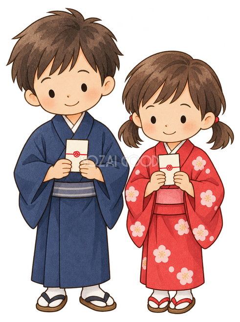 お年玉袋を持つ子ども二人イラスト お年玉袋を持つ子ども二人イラスト
