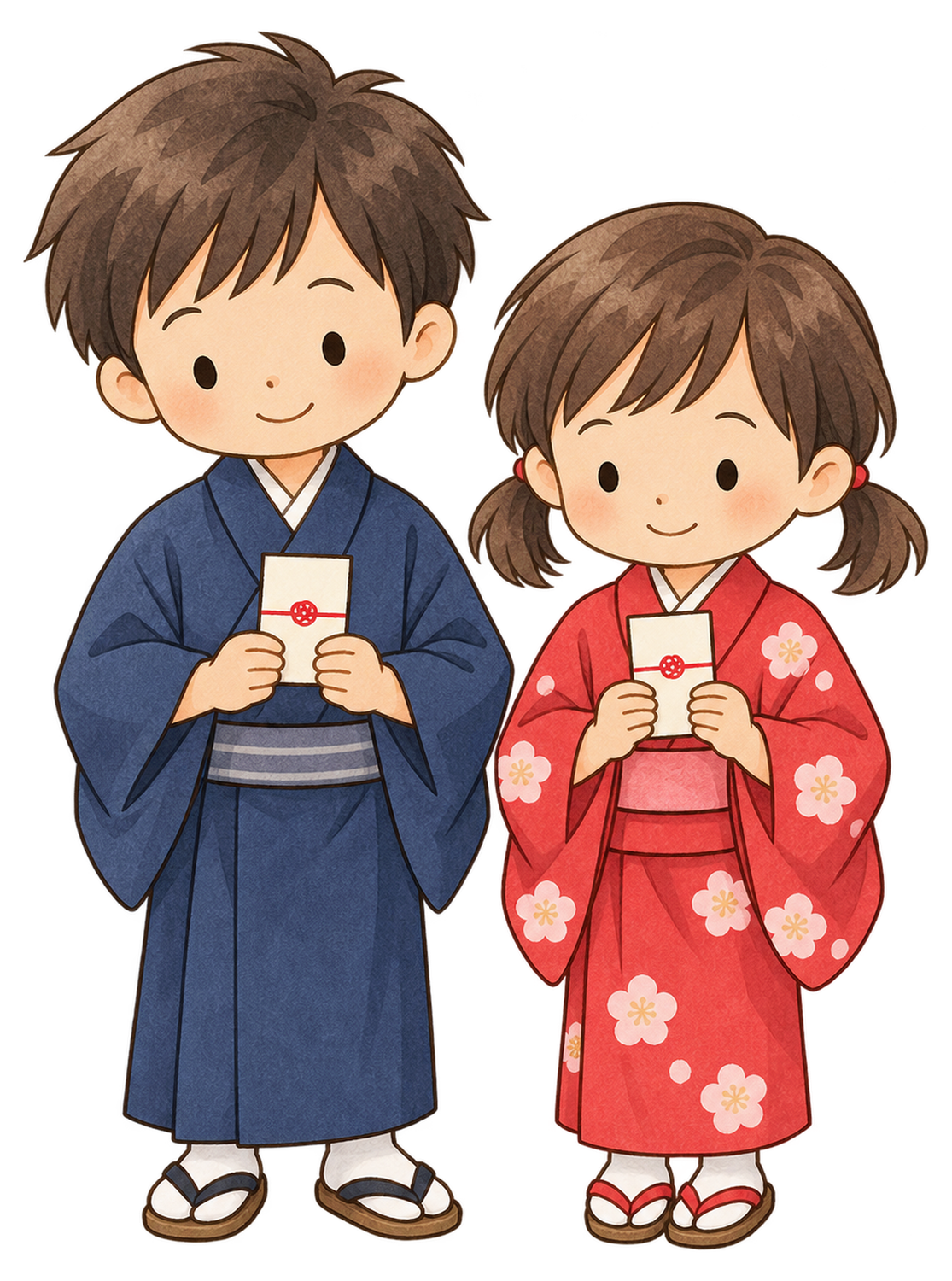 お年玉袋を持つ子ども二人の水彩イラスト｜家族のお正月の無料素材 104735に写真・文字を入れる