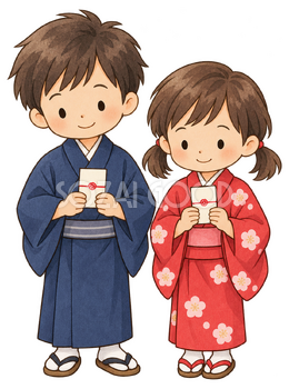 お年玉袋を持つ子ども二人の水彩イラスト｜家族のお正月の無料素材 104735