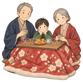 こたつで過ごす家族三人の水彩イラスト｜家族のお正月の無料素材 104736