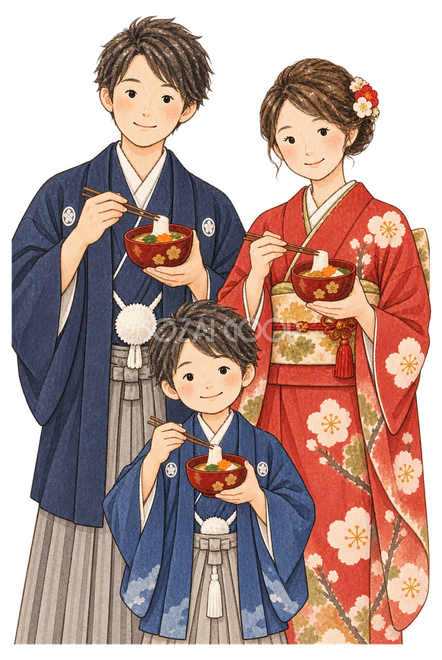 お雑煮を食べる家族三人イラスト お雑煮を食べる家族三人イラスト