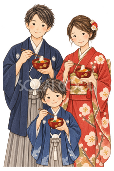 お雑煮を食べる家族三人の水彩イラスト｜家族のお正月の無料素材 104737