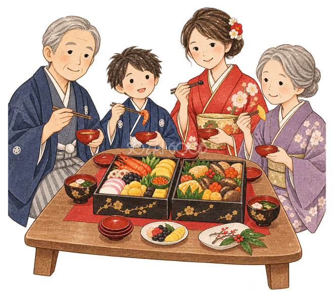 おせちを囲む家族四人イラスト おせちを囲む家族四人イラスト