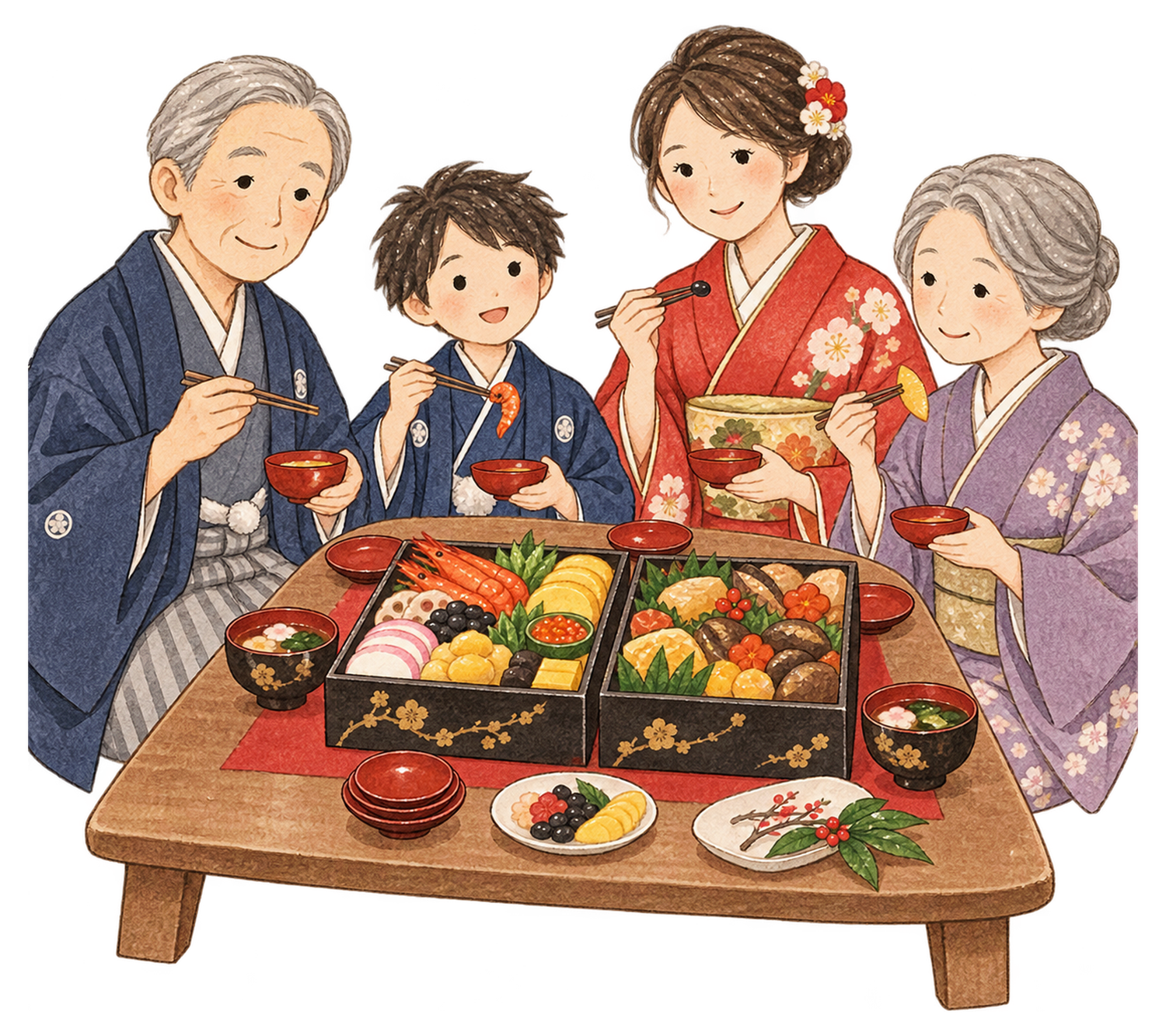 おせちを囲む家族四人の水彩イラスト｜家族のお正月の無料素材 104738に写真・文字を入れる