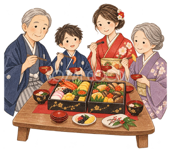 おせちを囲む家族四人の水彩イラスト｜家族のお正月の無料素材 104738