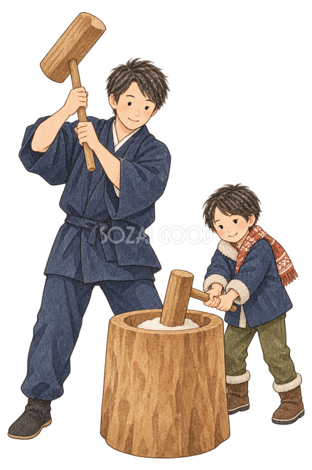 餅つきをする父親と子どもの二人イラスト 餅つきをする父親と子どもの二人イラスト