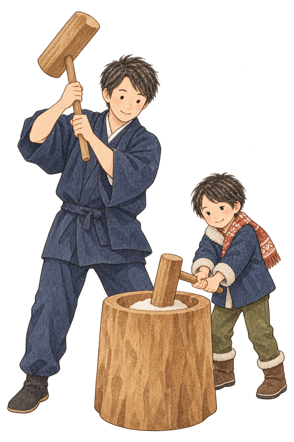餅つきをする父親と子どもの二人の水彩イラスト｜家族のお正月の無料素材 104739に写真・文字を入れる