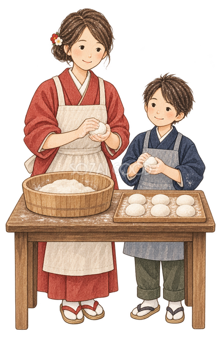 餅を丸める母親と子どもの二人イラスト 餅を丸める母親と子どもの二人イラスト