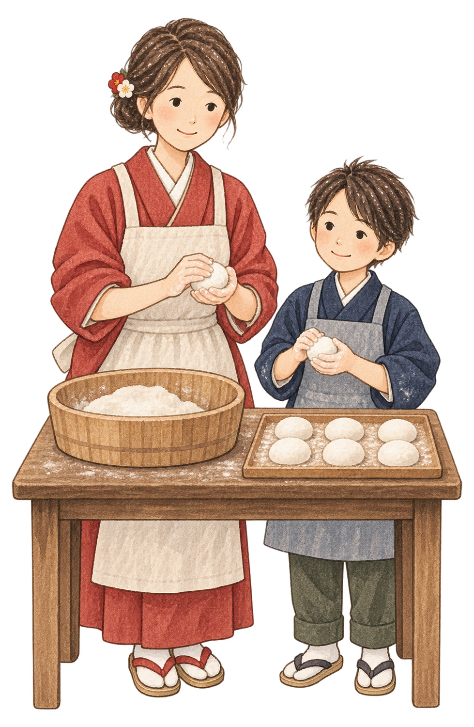 餅を丸める母親と子どもの二人の水彩イラスト｜家族のお正月の無料素材 104740に写真・文字を入れる