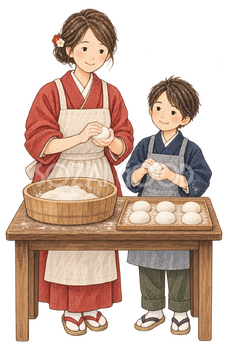餅を丸める母親と子どもの二人の水彩イラスト｜家族のお正月の無料素材 104740