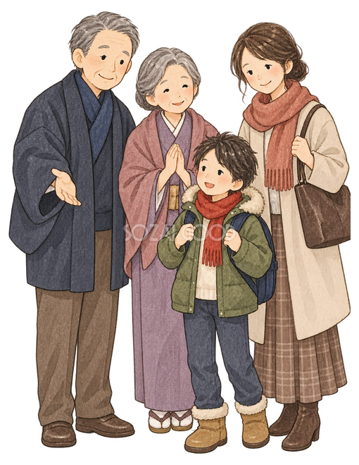 帰省した家族を迎える祖父母と親子の四人イラスト 帰省した家族を迎える祖父母と親子の四人イラスト