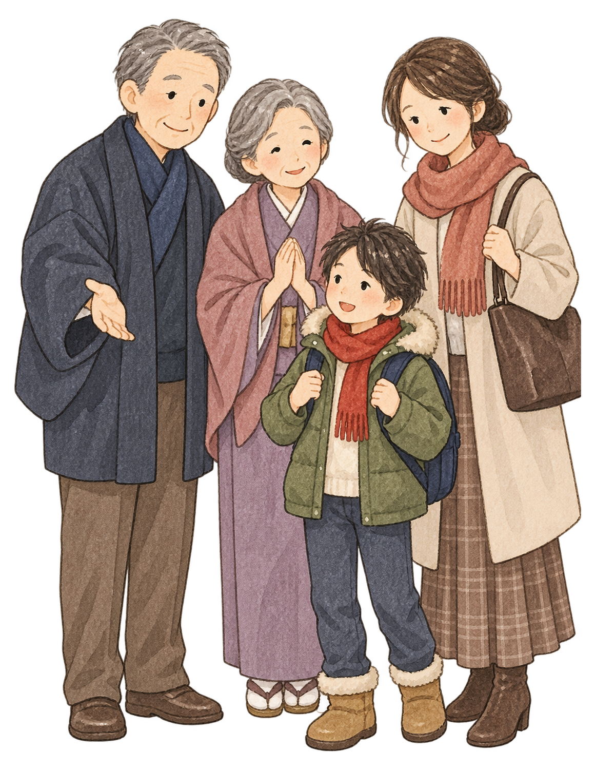 帰省した家族を迎える祖父母と親子の四人の水彩イラスト｜家族のお正月の無料素材 104741に写真・文字を入れる