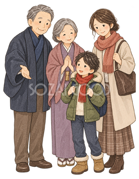 帰省した家族を迎える祖父母と親子の四人の水彩イラスト｜家族のお正月の無料素材 104741