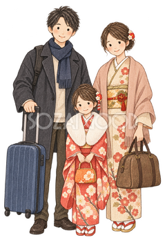 旅行鞄を持つ家族三人の水彩イラスト｜家族のお正月の無料素材 104742