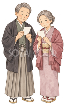 年賀状を読む祖父母二人の水彩イラスト｜家族のお正月の無料素材 104743
