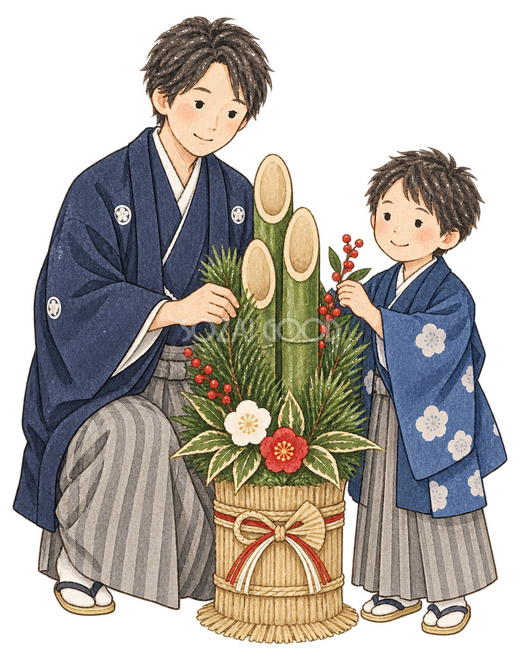 門松を飾る親子二人イラスト 門松を飾る親子二人イラスト