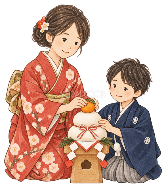 鏡餅を飾る母親と子どもの二人イラスト
