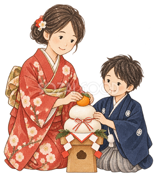 鏡餅を飾る母親と子どもの二人の水彩イラスト｜家族のお正月の無料素材 104745