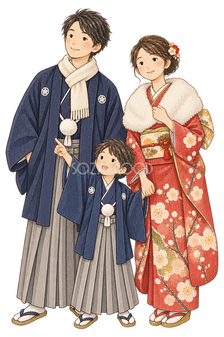 初日の出を見る家族三人イラスト 初日の出を見る家族三人イラスト
