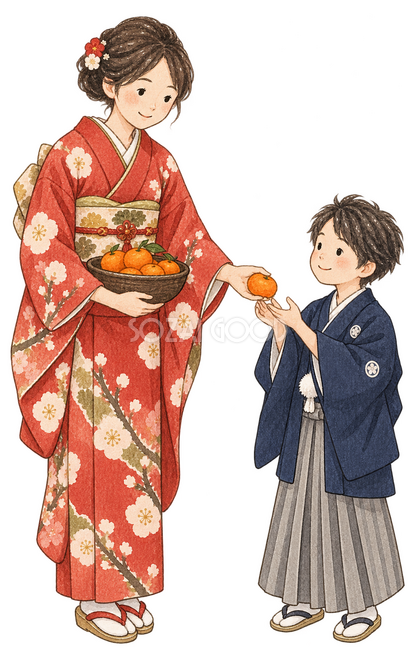 みかんを分ける親子二人イラスト みかんを分ける親子二人イラスト