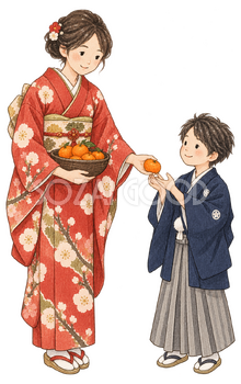 みかんを分ける親子二人の水彩イラスト｜家族のお正月の無料素材 104751