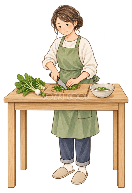 七草を刻む女性イラスト 七草を刻む女性イラスト