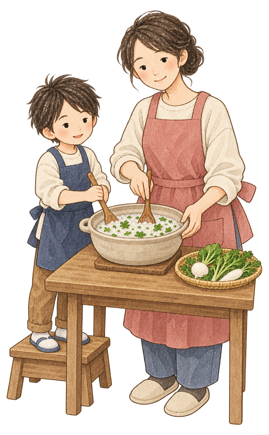 七草粥を混ぜる親子二人の水彩イラスト｜七草・鏡開きの無料素材 104764に写真・文字を入れる
