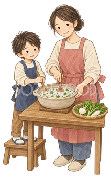 七草粥を混ぜる親子二人の水彩イラスト｜七草・鏡開きの無料素材 104764