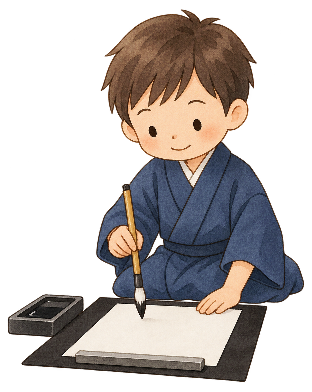 書き初めをする男の子の水彩イラスト｜書き初めの無料素材 104774に写真・文字を入れる
