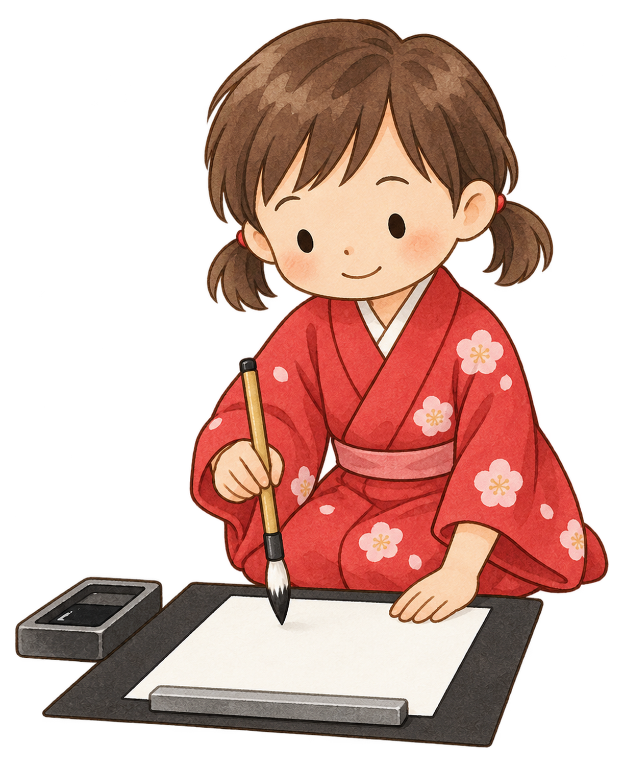 書き初めをする女の子の水彩イラスト｜書き初めの無料素材 104775に写真・文字を入れる