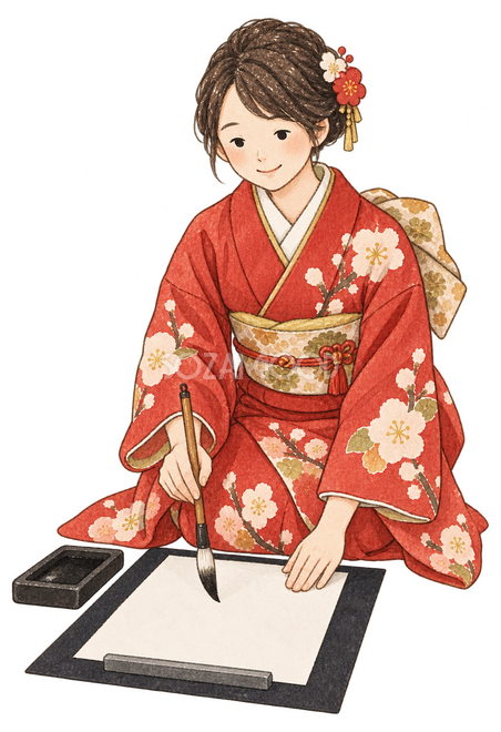 書き初めをする成人女性イラスト