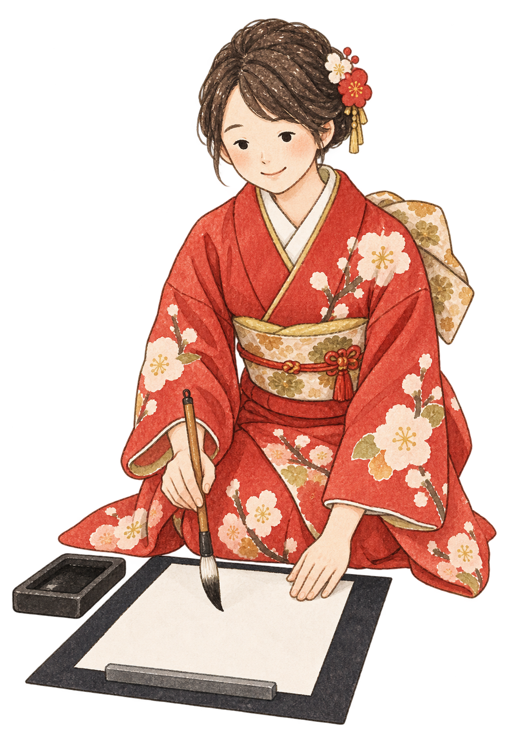書き初めをする成人女性の水彩イラスト｜書き初めの無料素材 104776に写真・文字を入れる