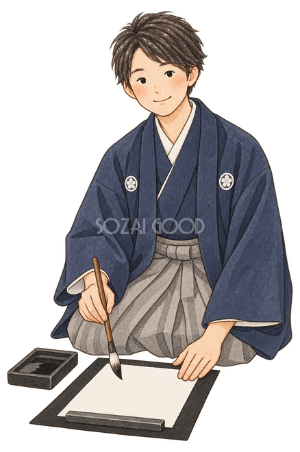 書き初めをする成人男性イラスト 書き初めをする成人男性イラスト