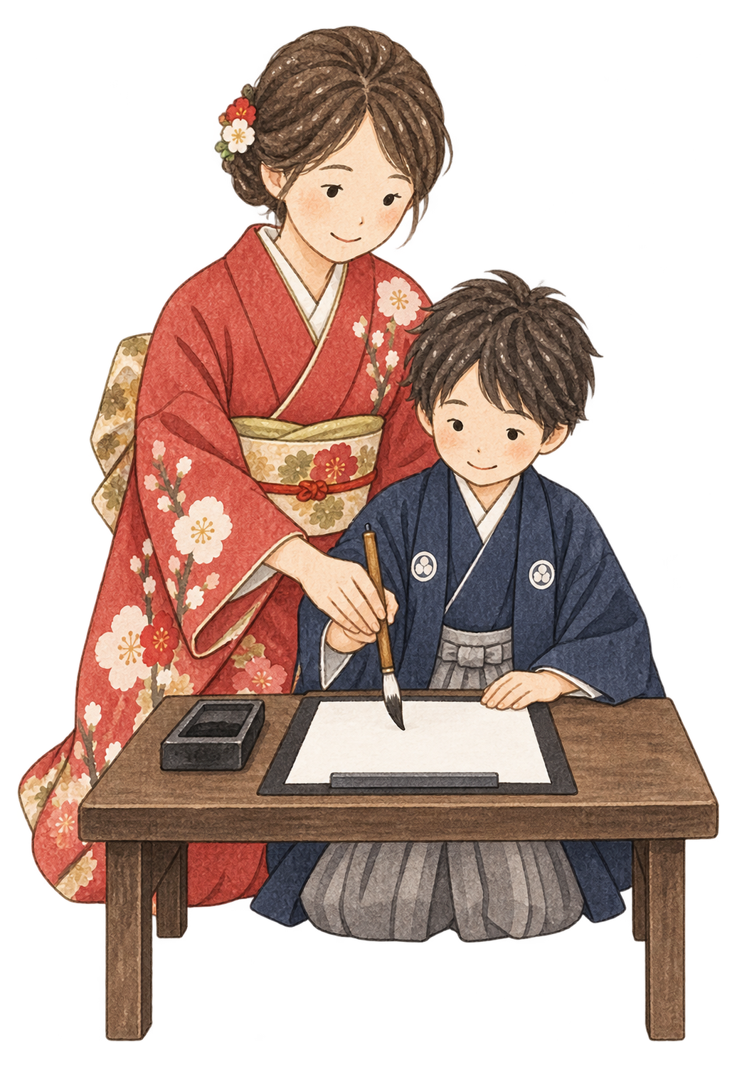 習字を教える女性と子どもの二人の水彩イラスト｜書き初めの無料素材 104778に写真・文字を入れる
