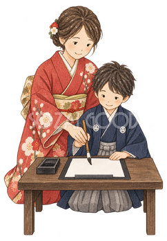 習字を教える女性と子どもの二人の水彩イラスト｜書き初めの無料素材 104778