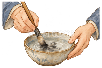 筆を洗う手元の水彩イラスト｜書き初めの無料素材 104785