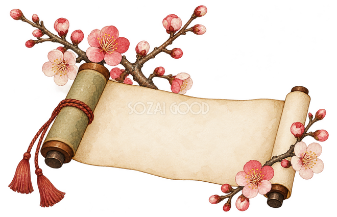 無地の巻物と梅の枝イラスト 無地の巻物と梅の枝イラスト