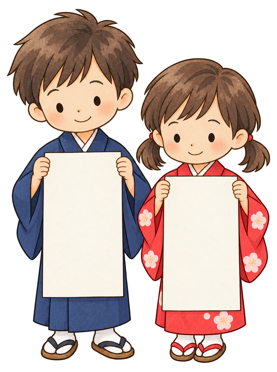 無地の書き初め作品を持つ子ども二人の水彩イラスト｜書き初めの無料素材 104793に写真・文字を入れる