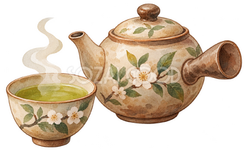 温かいお茶と急須の水彩イラスト｜冬の暮らしの無料素材 104805