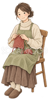 編み物をする成人女性の水彩イラスト｜冬の暮らしの無料素材 104814