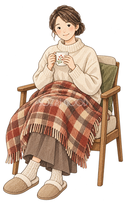 ひざ掛けでくつろぐ成人女性イラスト